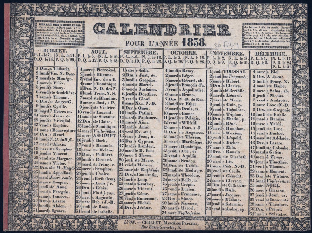 Calendrier pour l'année 1838.