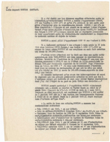 Rapport de l'officier de police adjoint Louis Brun au chef de la Sûreté urbaine de Lyon au sujet du "recours en amnistie du nommé TOUVIER Paul".