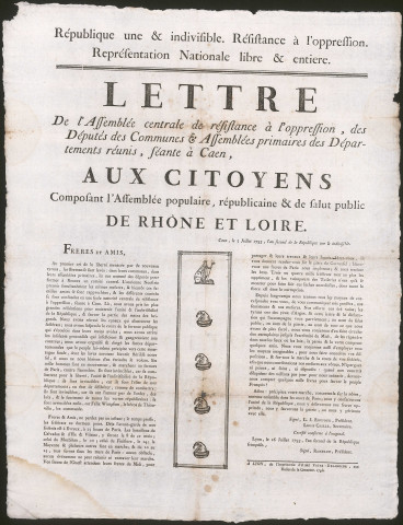 Lettre aux citoyens composant l'assemblée populaire, républicaine et de salut public de Rhône et Loire.