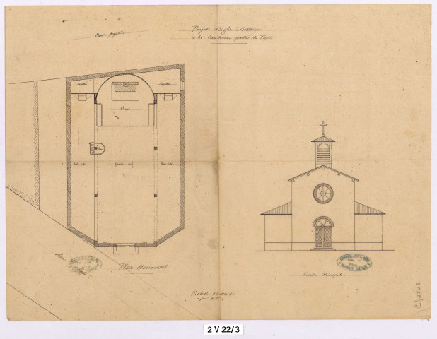 Projet de construction de l'église dans le quartier des Tapis à la Croix-Rousse : plan horizontal au sol et plan en élévation de la façade principale.