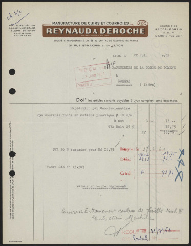 Manufacture de cuirs et courroies Reynaud et Deroche - Lyon.