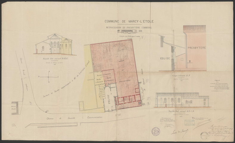 Marcy-l'Etoile, rétrocession du presbytère communal aux ayants droits du donateur de 1818 : plan dressé par l'architecte Jucault le 15 juillet 1909.