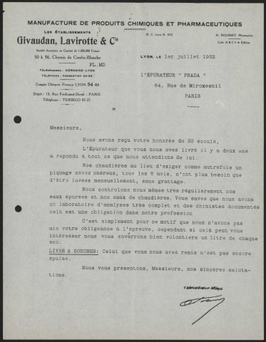 Manufacture de produits chimiques et pharmaceutiques Les établissements Givaudan, Lavirotte et Cie - Lyon.