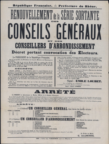 Renouvellement de la série sortante des conseillers d'arrondissement. Décret portant convocation des électeurs (3 juillet 1904). Arrêté préfectoral (9 juillet 1904).