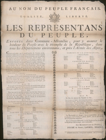 Les représentants du Peuple, envoyés dans la Commune-Affranchie, pour y assurer le bonheur du Peuple avec le triomphe de la République, dans tous les départements environnants, et près l'Armée des Alpes, pour l'organisation du gouvernement révolutionnaire (14 Pluviôse An II).