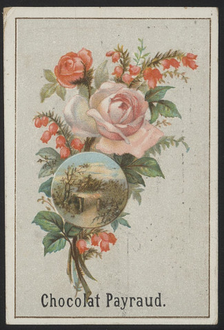 Paysage en médaillon avec bouquet de roses et fleurs à clochettes roses.