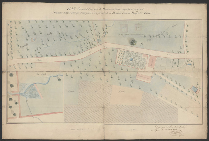 "Plan géométral d'une partie du domaine du Faisan appartenant au grand séminaire de Lyon ainsi que d'une prise d'eau que possède ce domaine dans la propriété Faidy", dressé par l'architecte à Lyon le 20 août 1852.