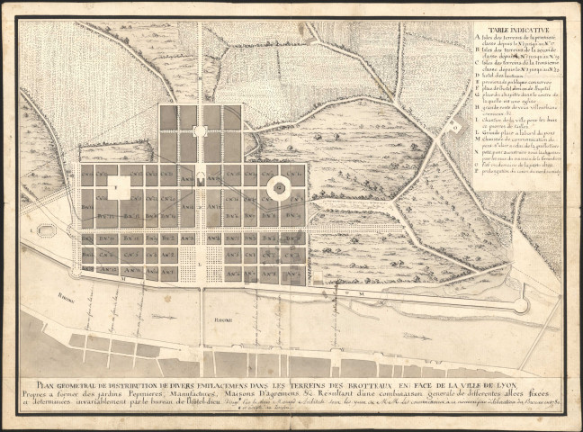 Plan géométral de distribution des emplacements dans les terrains des Brotteaux en face de la ville de Lyon.