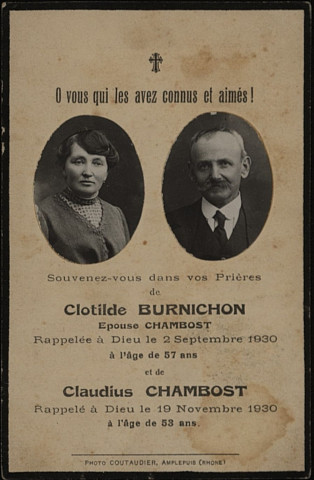 Clotilde Burnichon épouse Chambost (2 septembre 1930) et Claudius Chambost (19 novembre 1930).