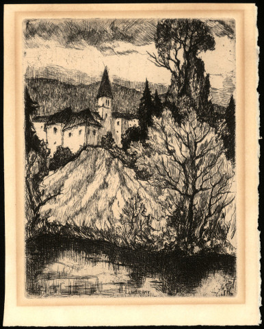 Représentation d'un village et d'un chemin bordé d'arbres par Louis Charrat, peintre lyonnais.