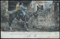 Jeune couple de montagnards du Velay se rendant à cheval à la foire de la Toussaint, au Puy.