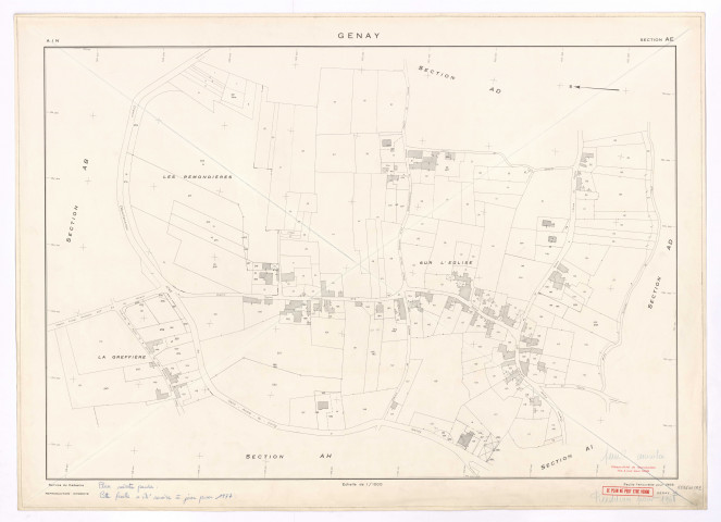 Section AE. Feuille renouvelée pour 1959. Calque cliché de reproduction mis à jour pour 1968. Feuille annulée. Réédition pour 1968. Plan minute perdu. Cette feuille a été remise à jour pour 1977.