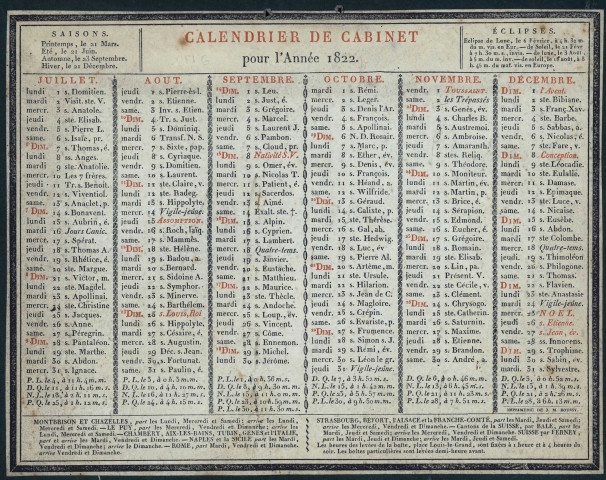 Calendrier de cabinet pour l'année 1822.