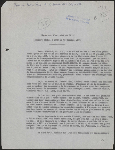 Notes sur l'activité de Henri ADHEMAR, dit "J 3" - 2 pages