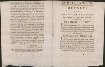 Décrets de la Convention nationale du 6 décembre 1792, l'An premier de la République, relatifs aux subsistances.