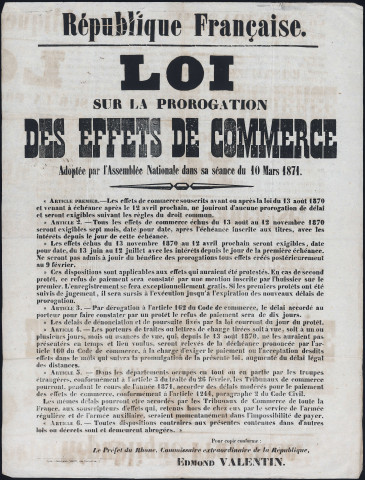 Loi sur la prorogation des effets de commerce adoptée par l'Assemblée nationale dans sa séance du 10 mars 1871.