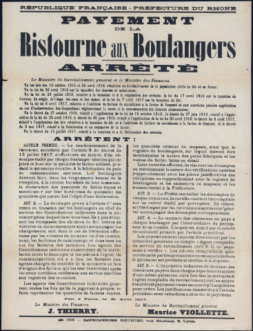 Payement de la ristourne aux boulangers. Arrêté ministériel (21 août 1917).