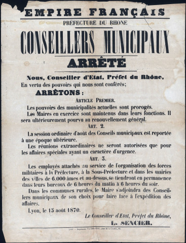 Conseillers municipaux. Arrêté préfectoral (15 août 1870).