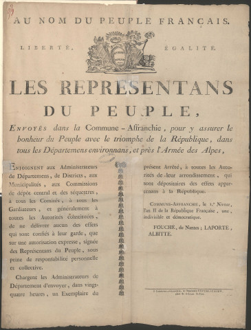 Les représentants du Peuple, envoyés dans la Commune-Affranchie, pour y assurer le bonheur du Peuple avec le triomphe de la République, dans tous les départements environnants, et près l'Armée des Alpes (1er Nivôse an II).