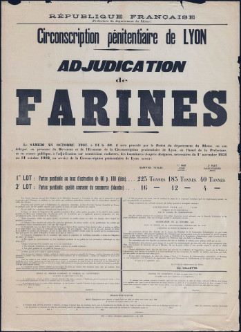 Circonscription pénitentiaire de Lyon. Adjudication de farines (15 septembre 1931).