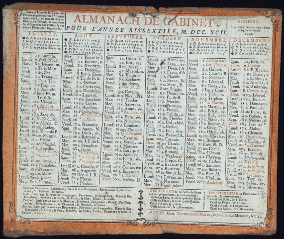 Almanach de cabinet pour l'année bissextile 1792.