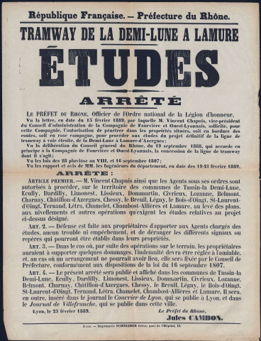 Tramway de la Demi-Lune à Lamure. Etudes. Arrêté préfectoral (23 février 1889).