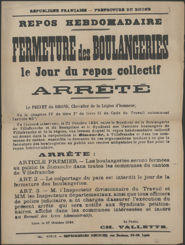 Fermeture des boulangeries le jour du repos collectif. Arrêtés préfectoraux (10 octobre 1924-7 janvier 1925).