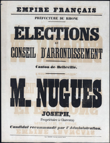 Elections au conseil d'arrondissement. Canton de Belleville. Joseph Nugues, propriétaire à Charentay.