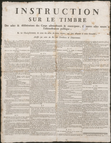 Instruction sur le timbre des actes et délibérations des corps administratifs et municipaux, et autres actes tenant à l'administration publique.