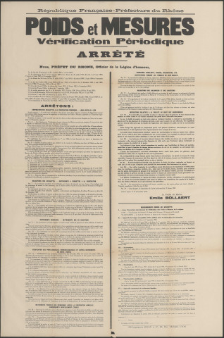 Poids et Mesures vérification périodique. Arrêté préfectoral (13 décembre 1935).