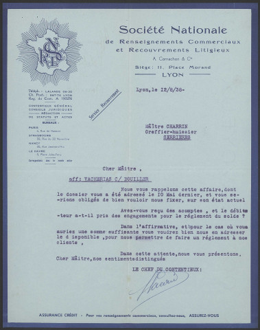 Société nationale de renseignements commerciaux et recouvrements litigieux A. Cornachon et Cie - Lyon.