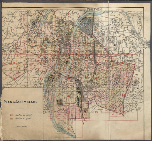 Plan d'assemblage et plans généraux en 32 planches reliées des égouts et canalisations de la ville de Lyon.