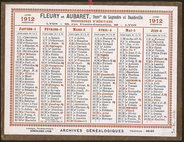 Calendrier 1912.