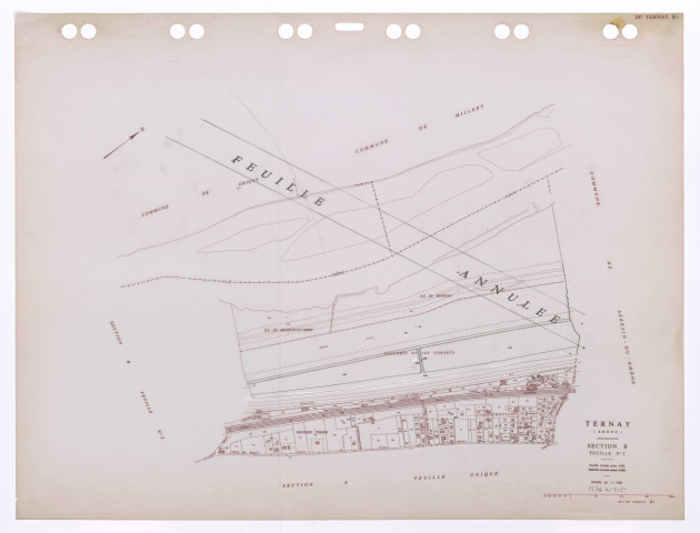 Section B feuille n°1. Plan cadastral révisé pour 1952. Edition à jour pour 1985. Feuille annulée.