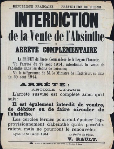 Interdiction de la vente de l'absinthe. Arrêté préfectoral complémentaire (20 août 1914).