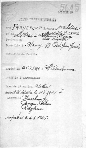 FRANCFORT Micheline (alias MICHARD Michèle)