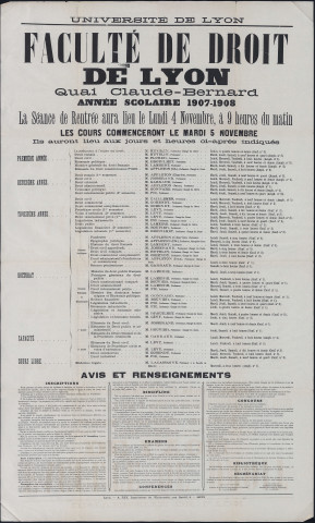 Faculté de droit de Lyon quai Claude-Bernard. Année scolaire 1907-1908. Cours, enseignants, avis et renseignements (1er octobre 1907).