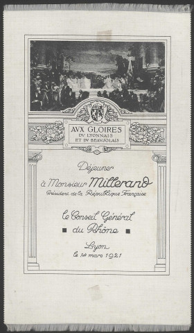 Menu du déjeuner offert par le conseil général du Rhône à M. Alexandre Millerand, président de la République (14 mars 1921).