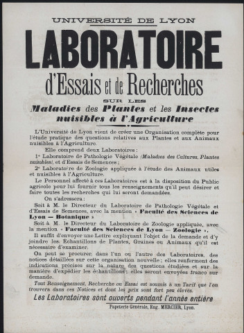 Université de Lyon. Laboratoire d'essais et de recherches sur les maladies des plantes et les insectes nuisibles à l'agriculture. Avis.