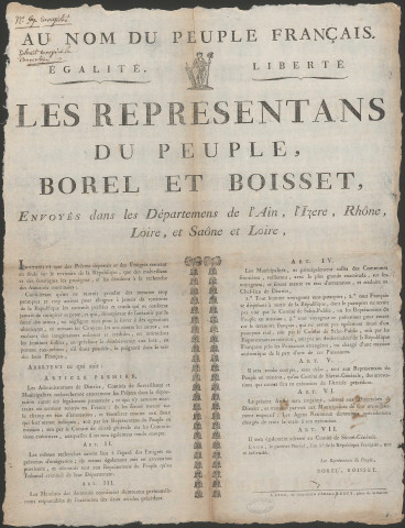 Les représentants du Peuple, Borel et Boisset, envoyés dans les départements de l'Ain, l'Isère, Rhône, Loire et Saône-et-Loire (1er Floréal an 3).