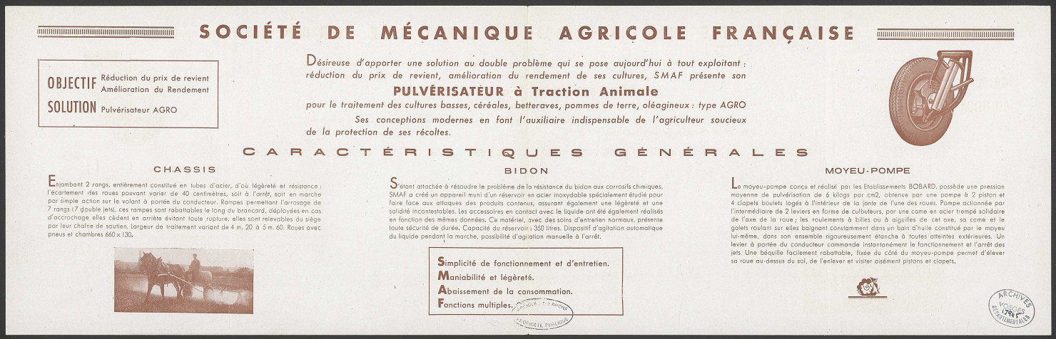Pulvérisateur à traction animale de la société de mécanique agricole française (SMAF) - Lyon.