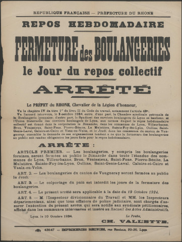 Fermeture des boulangeries le jour du repos collectif. Arrêtés préfectoraux (10 octobre 1924-7 janvier 1925).