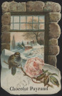 Maison sous la neige avec oiseau et rose rose.