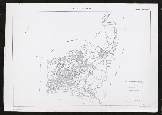 Tableau d'assemblage : anciennes communes de Rillieux et de Crépieux-la-Pape réunies pour 1974. Cadastre révisé pour Rillieux 1938 et Crépieux 1959. Remaniement partiel pour 1985. Edition à jour pour 1985.