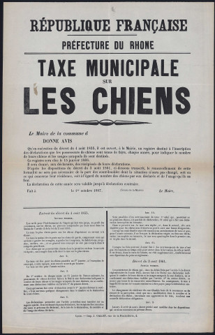 Taxe municipale sur les chiens (1er octobre 1887).