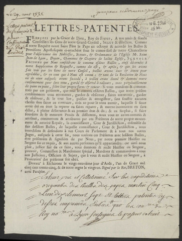 Copie imprimée des lettres patentes de François Ier du 29 août 1535.