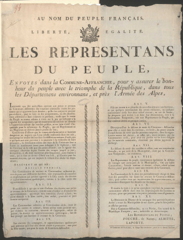 Les représentants du Peuple, envoyés dans la Commune-Affranchie, pour y assurer le bonheur du Peuple avec le triomphe de la République, dans tous les départements environnants, et près l'Armée des Alpes (15 Nivôse an II).