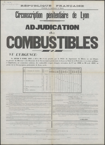 Circonscription pénitentiaire de Lyon. Adjudication de combustibles (7 mars 1936).