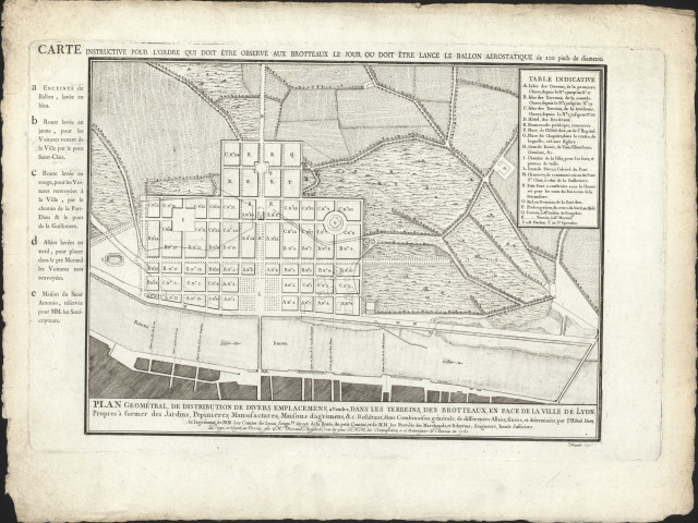 Plan géométral de distribution de divers emplacements à vendre dans les terrains des Brotteaux en face de la ville de Lyon.