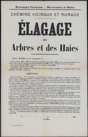 Chemins vicinaux et ruraux. Elagage des arbres et des haies. Arrêté municipal.